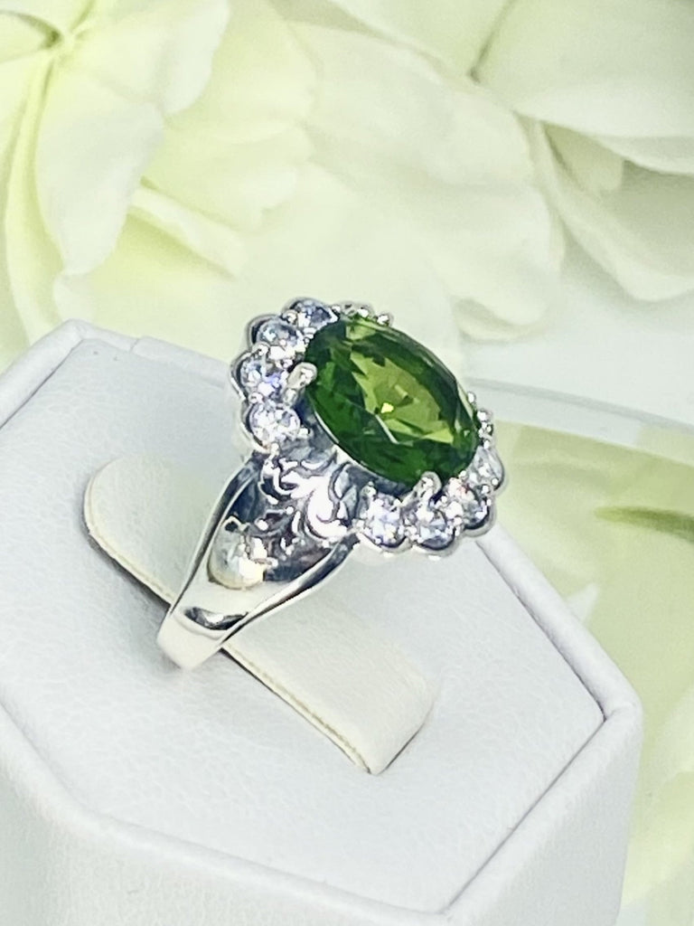 Peridot Ring, Oval gemstone, Sterling Silver Filigree, CZ accents, Starburst, D419, Silver Embrace Jewelry