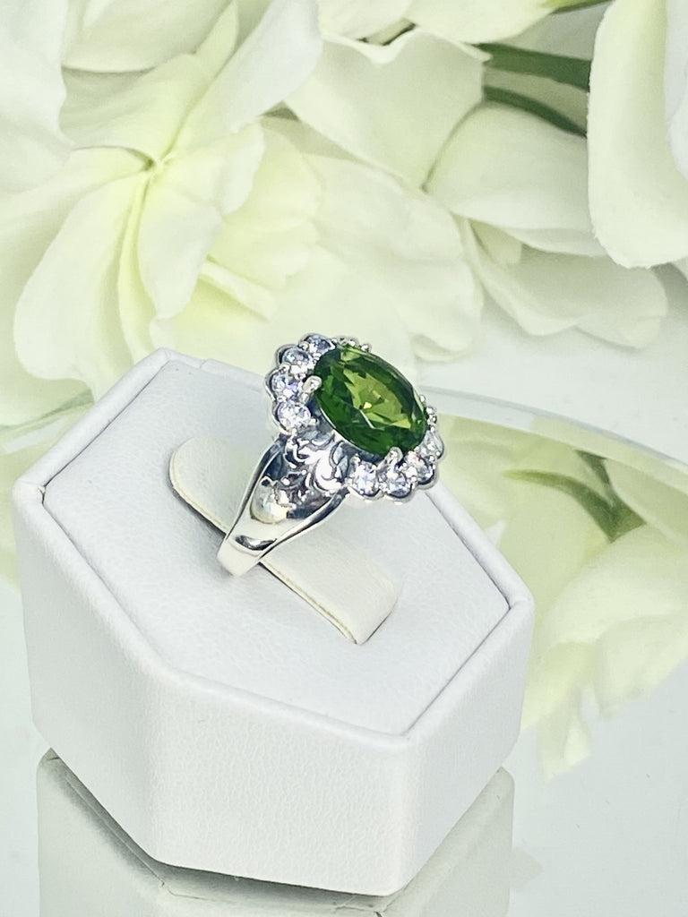 Peridot Ring, Oval gemstone, Sterling Silver Filigree, CZ accents, Starburst, D419, Silver Embrace Jewelry