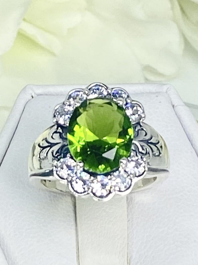 Peridot Ring, Oval gemstone, Sterling Silver Filigree, CZ accents, Starburst, D419, Silver Embrace Jewelry