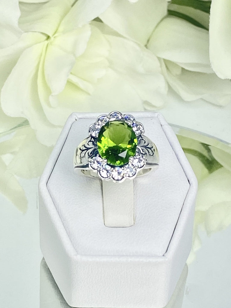 Peridot Ring, Oval gemstone, Sterling Silver Filigree, CZ accents, Starburst, D419, Silver Embrace Jewelry