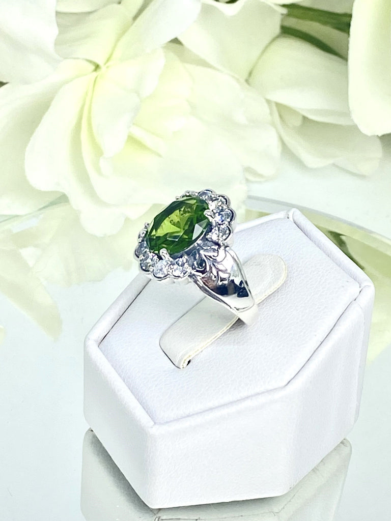 Peridot Ring, Oval gemstone, Sterling Silver Filigree, CZ accents, Starburst, D419, Silver Embrace Jewelry