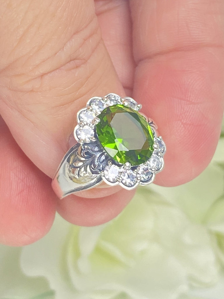 Peridot Ring, Oval gemstone, Sterling Silver Filigree, CZ accents, Starburst, D419, Silver Embrace Jewelry