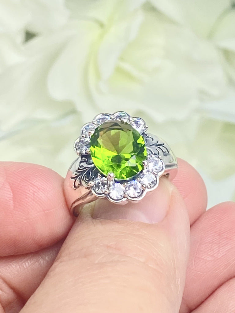 Peridot Ring, Oval gemstone, Sterling Silver Filigree, CZ accents, Starburst, D419, Silver Embrace Jewelry