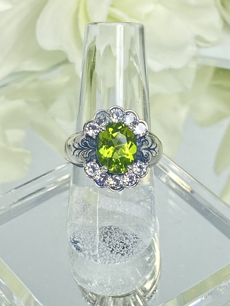 Natural Peridot Ring, Oval gemstone, Sterling Silver Filigree, CZ accents, Starburst, D419, Silver Embrace Jewelry