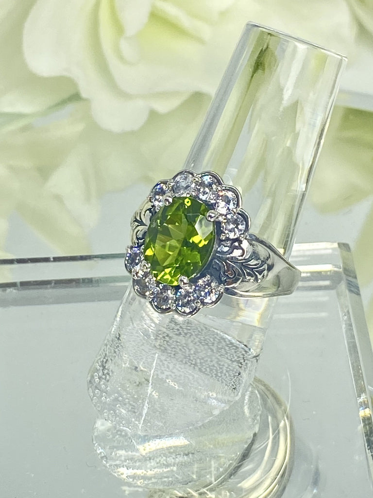 Natural Peridot Ring, Oval gemstone, Sterling Silver Filigree, CZ accents, Starburst, D419, Silver Embrace Jewelry