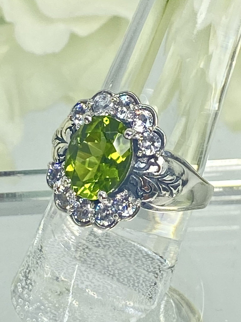 Natural Peridot Ring, Oval gemstone, Sterling Silver Filigree, CZ accents, Starburst, D419, Silver Embrace Jewelry