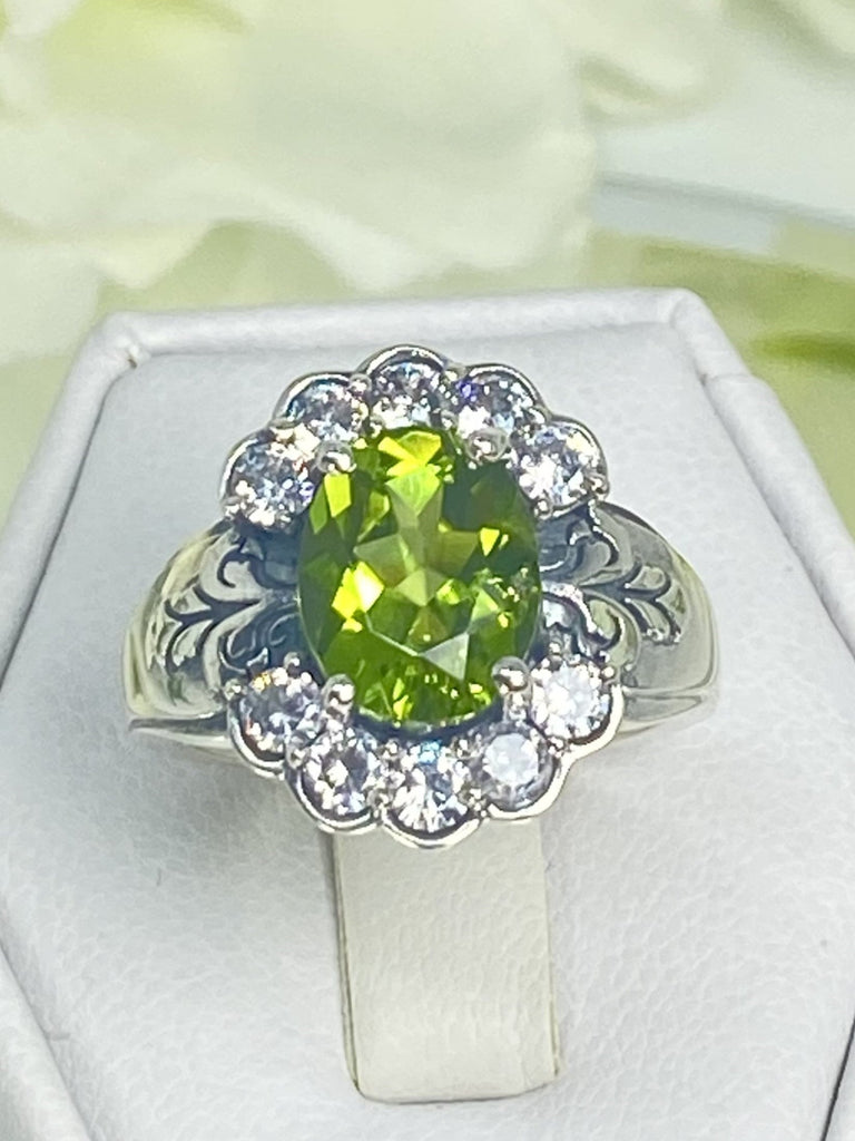 Natural Peridot Ring, Oval gemstone, Sterling Silver Filigree, CZ accents, Starburst, D419, Silver Embrace Jewelry