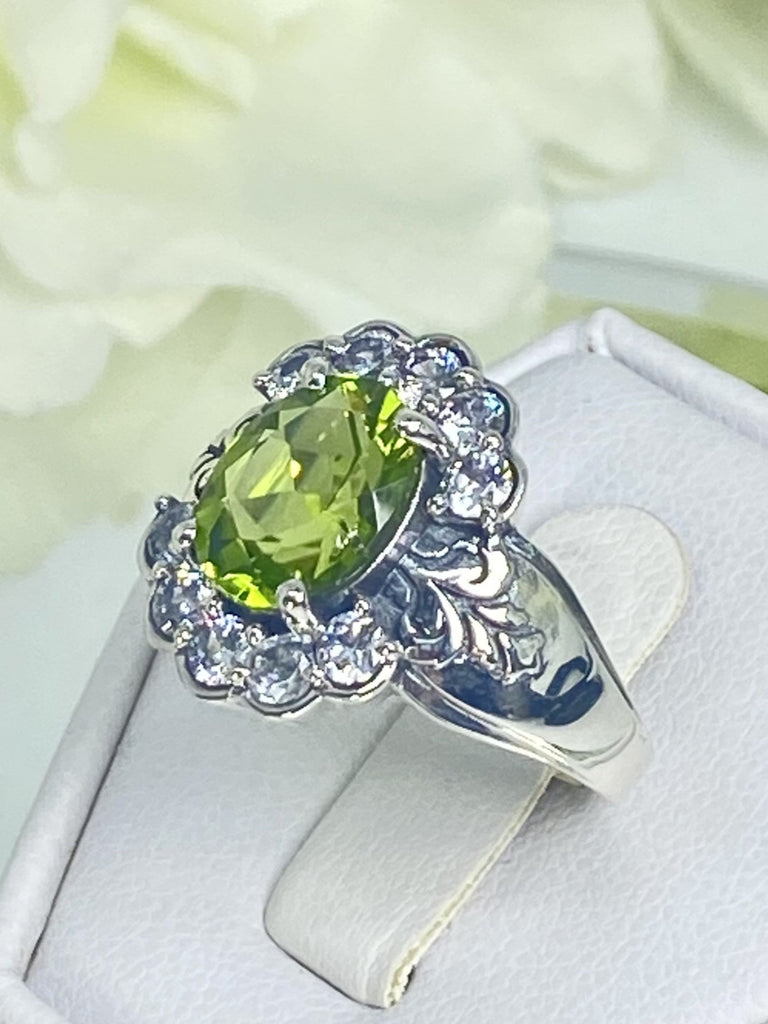 Natural Peridot Ring, Oval gemstone, Sterling Silver Filigree, CZ accents, Starburst, D419, Silver Embrace Jewelry