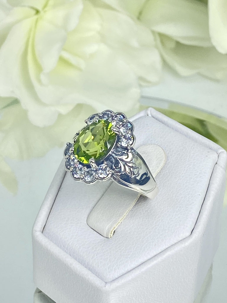 Natural Peridot Ring, Oval gemstone, Sterling Silver Filigree, CZ accents, Starburst, D419, Silver Embrace Jewelry