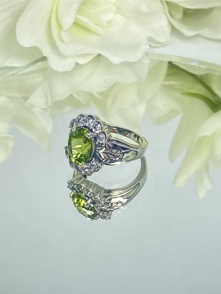 Natural Peridot Ring, Oval gemstone, Sterling Silver Filigree, CZ accents, Starburst, D419, Silver Embrace Jewelry