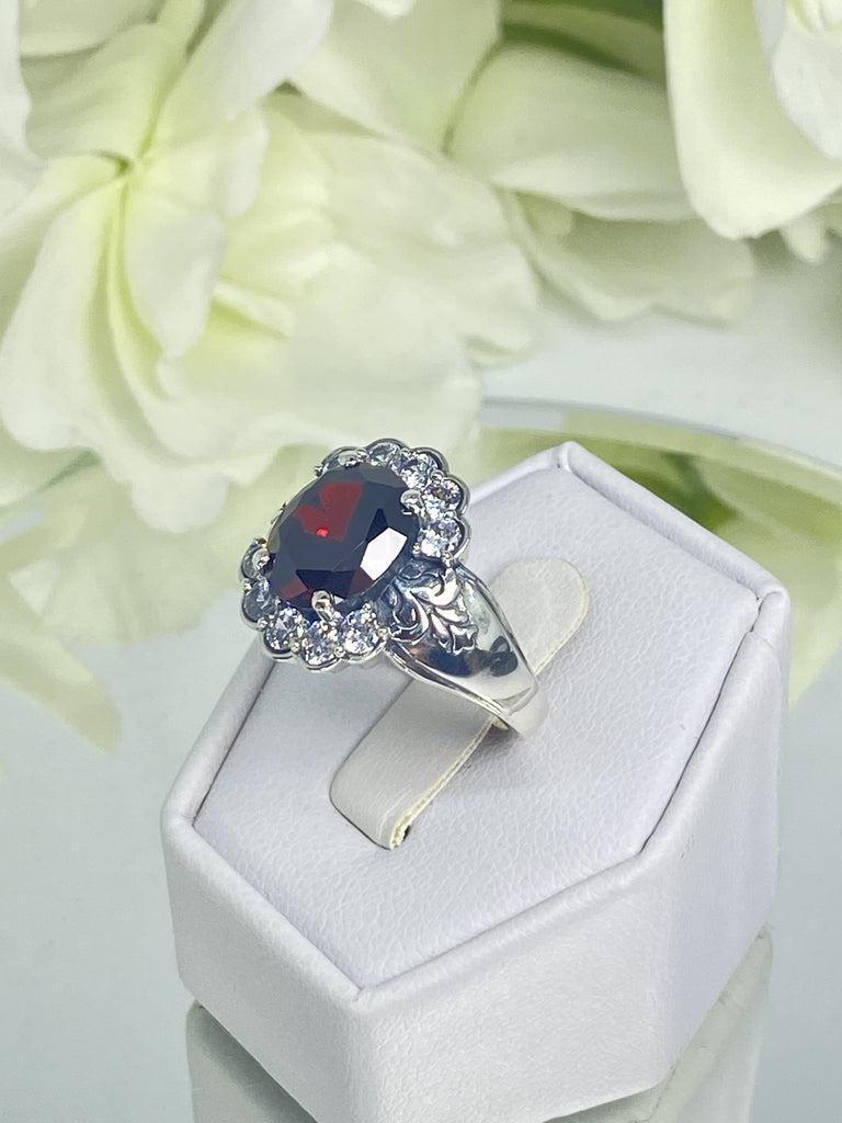 Garnet CZ Ring, Oval Gem & White CZ Accents, Starburst Victorian Filigree, Sterling silver Filigree, Starburst, Silver Embrace Jewelry, D419