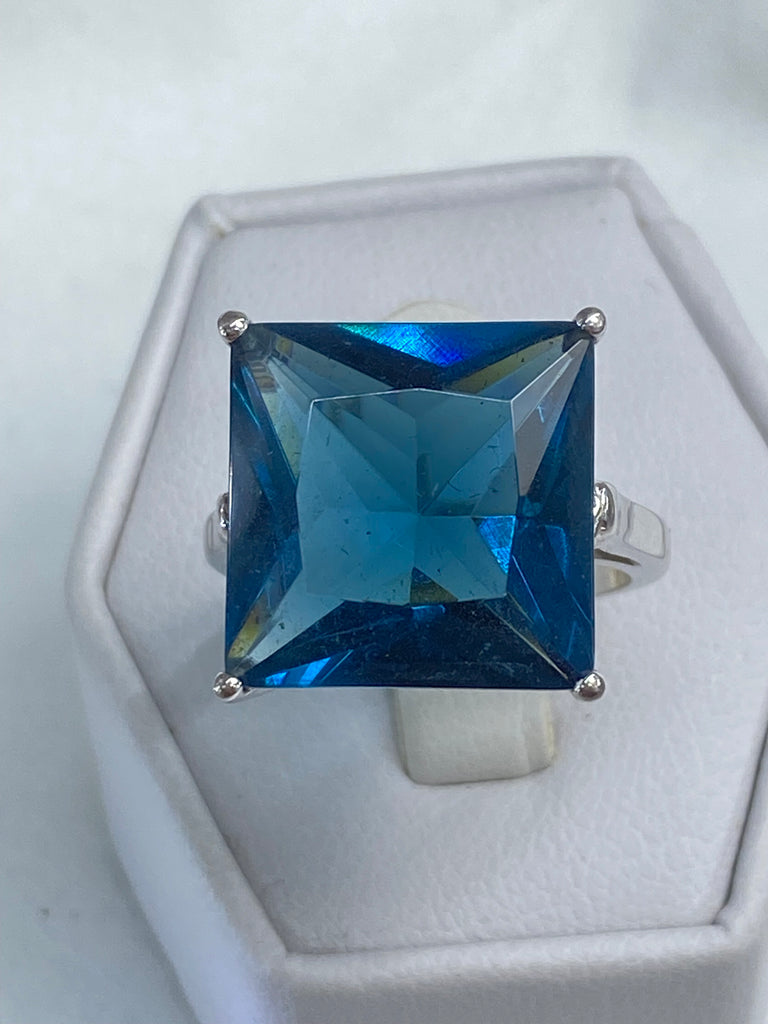 London Blue Topaz Ring, Large Square Gem, Art Deco design, swirl sterling silver filigree, D45, Silver Embrace Jewelry