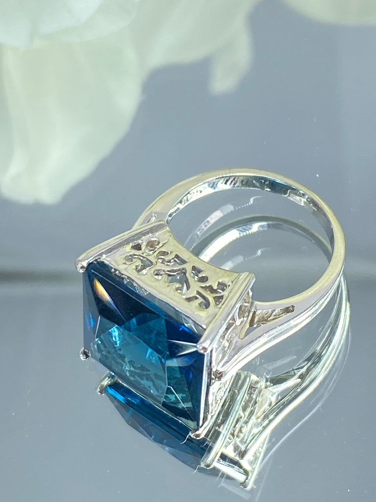 London Blue Topaz Ring, Large Square Gem, Art Deco design, swirl sterling silver filigree, D45, Silver Embrace Jewelry