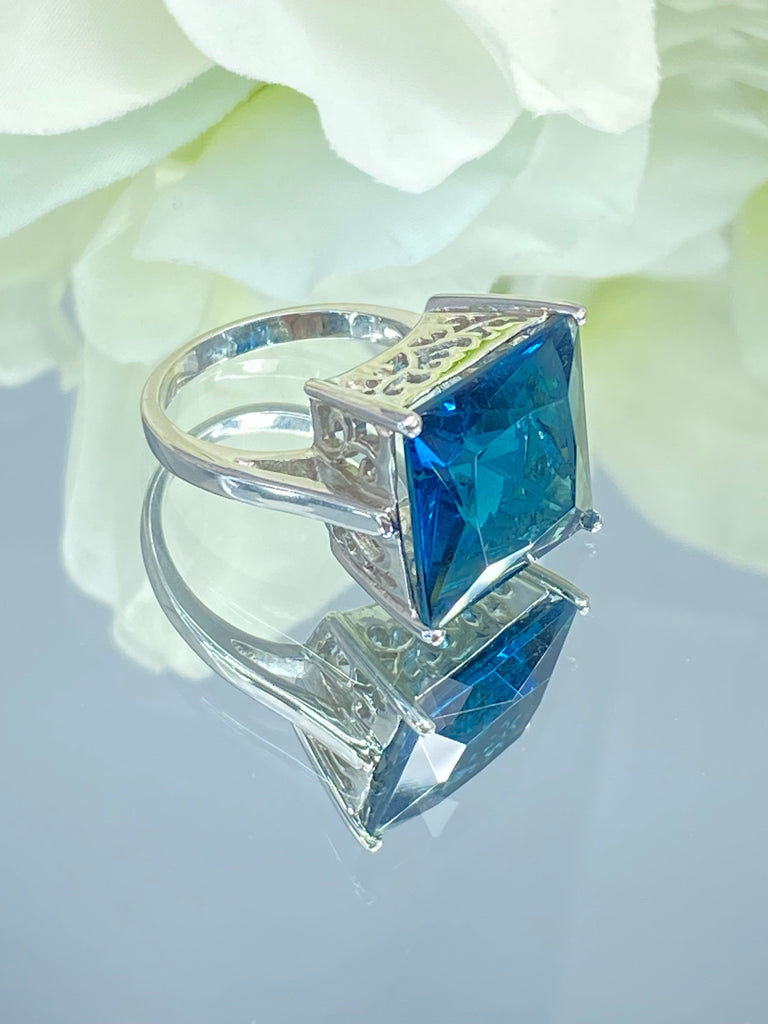 London Blue Topaz Ring, Large Square Gem, Art Deco design, swirl sterling silver filigree, D45, Silver Embrace Jewelry