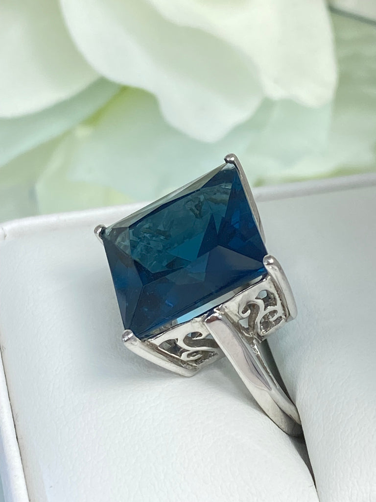 London Blue Topaz Ring, Large Square Gem, Art Deco design, swirl sterling silver filigree, D45, Silver Embrace Jewelry