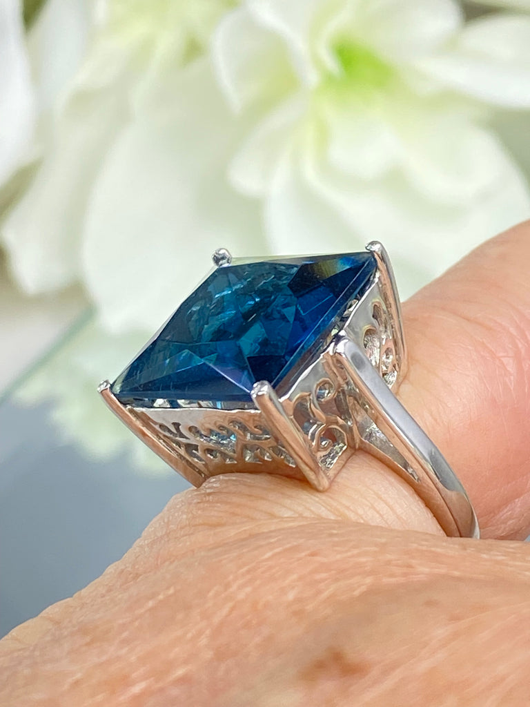 London Blue Topaz Ring, Large Square Gem, Art Deco design, swirl sterling silver filigree, D45, Silver Embrace Jewelry