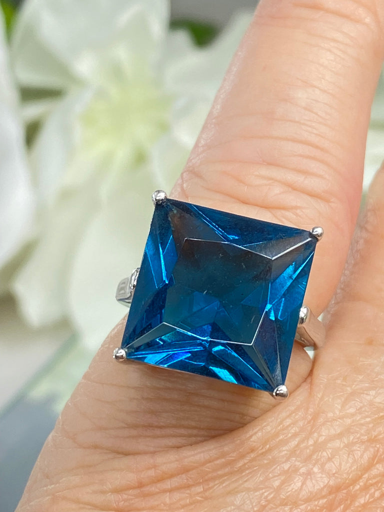 London Blue Topaz Ring, Large Square Gem, Art Deco design, swirl sterling silver filigree, D45, Silver Embrace Jewelry