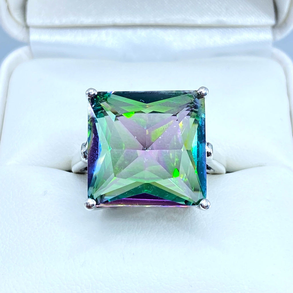 Mystic Rainbow Topaz Square Ring, Art Deco Ring, Big Square Gem, Vintage Sterling silver Jewelry, Silver Embrace Jewelry D45