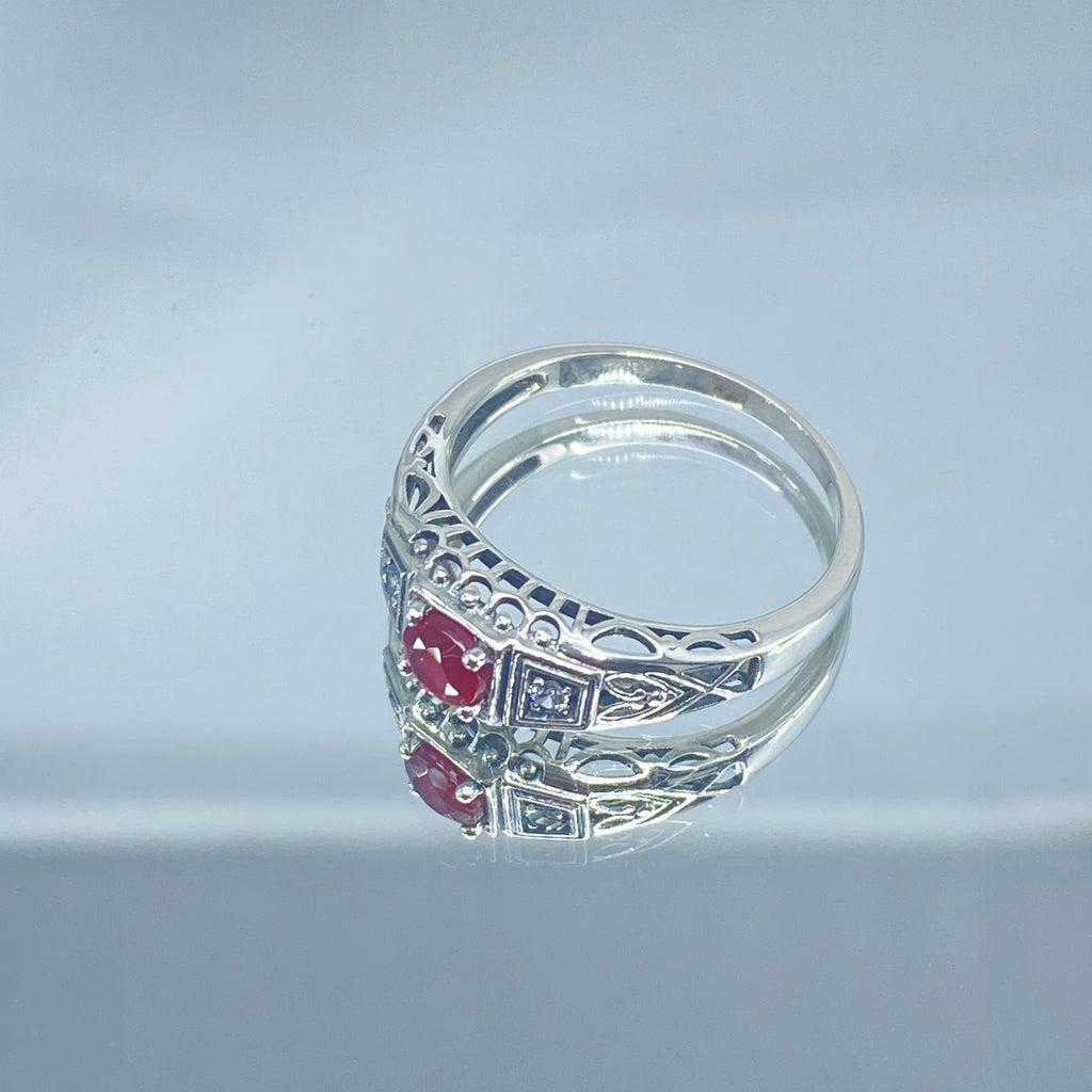 Art deco style ring with a natural ruby stone in the center, and two white CZ accents on either side set in sterling silver deco filigree, Silver Embrace Jewelry, DecoBand, D49 