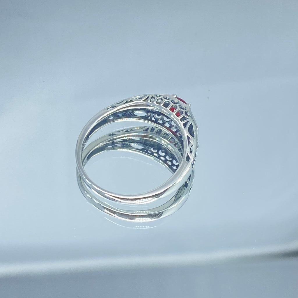 Art deco style ring with a natural ruby stone in the center, and two white CZ accents on either side set in sterling silver deco filigree, Silver Embrace Jewelry, DecoBand, D49 