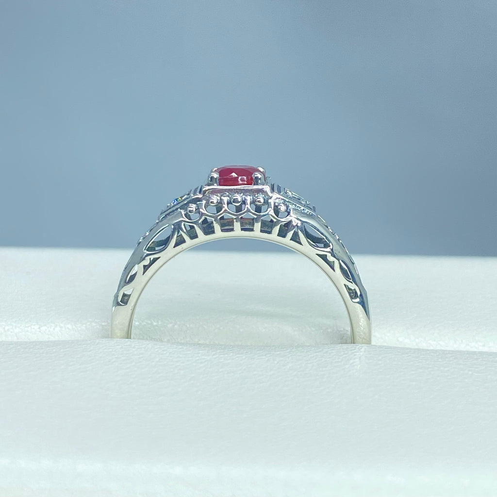 Art deco style ring with a natural ruby stone in the center, and two white CZ accents on either side set in sterling silver deco filigree, Silver Embrace Jewelry, DecoBand, D49 