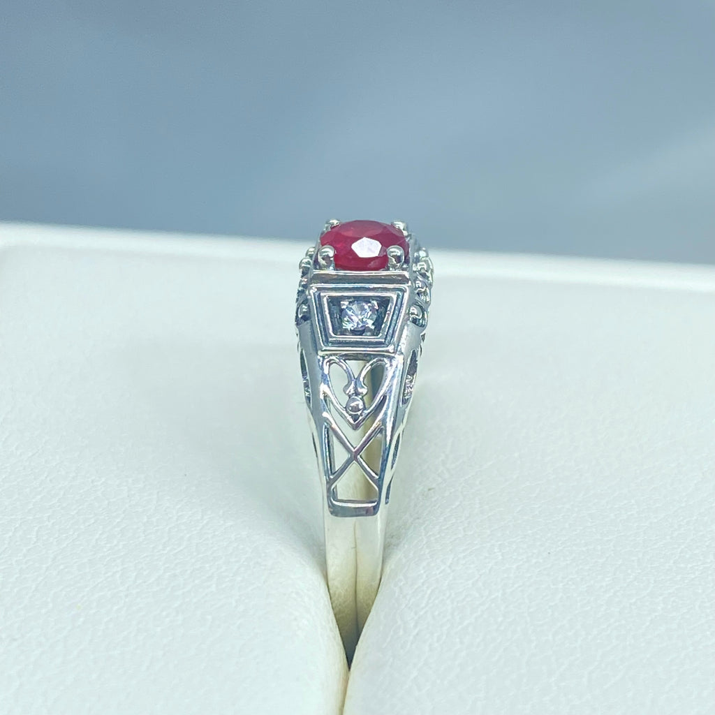 Art deco style ring with a natural ruby stone in the center, and two white CZ accents on either side set in sterling silver deco filigree, Silver Embrace Jewelry, DecoBand, D49 