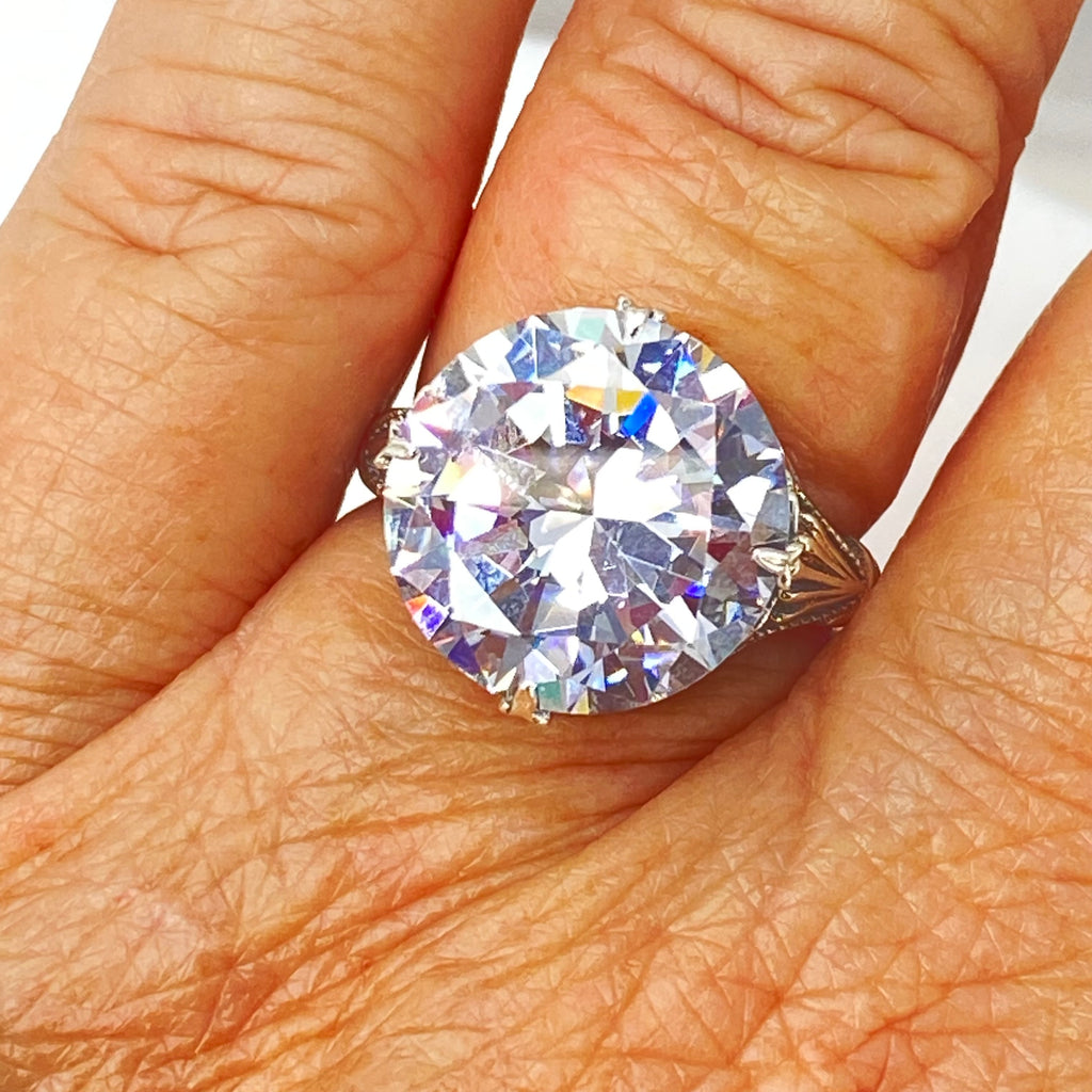 White CZ Ring with large round faceted gemstone in an ornate sterling silver filigree setting, Victorian style, Georgian influenced style, D52, Silver Embrace Jewelry, Queen Ring