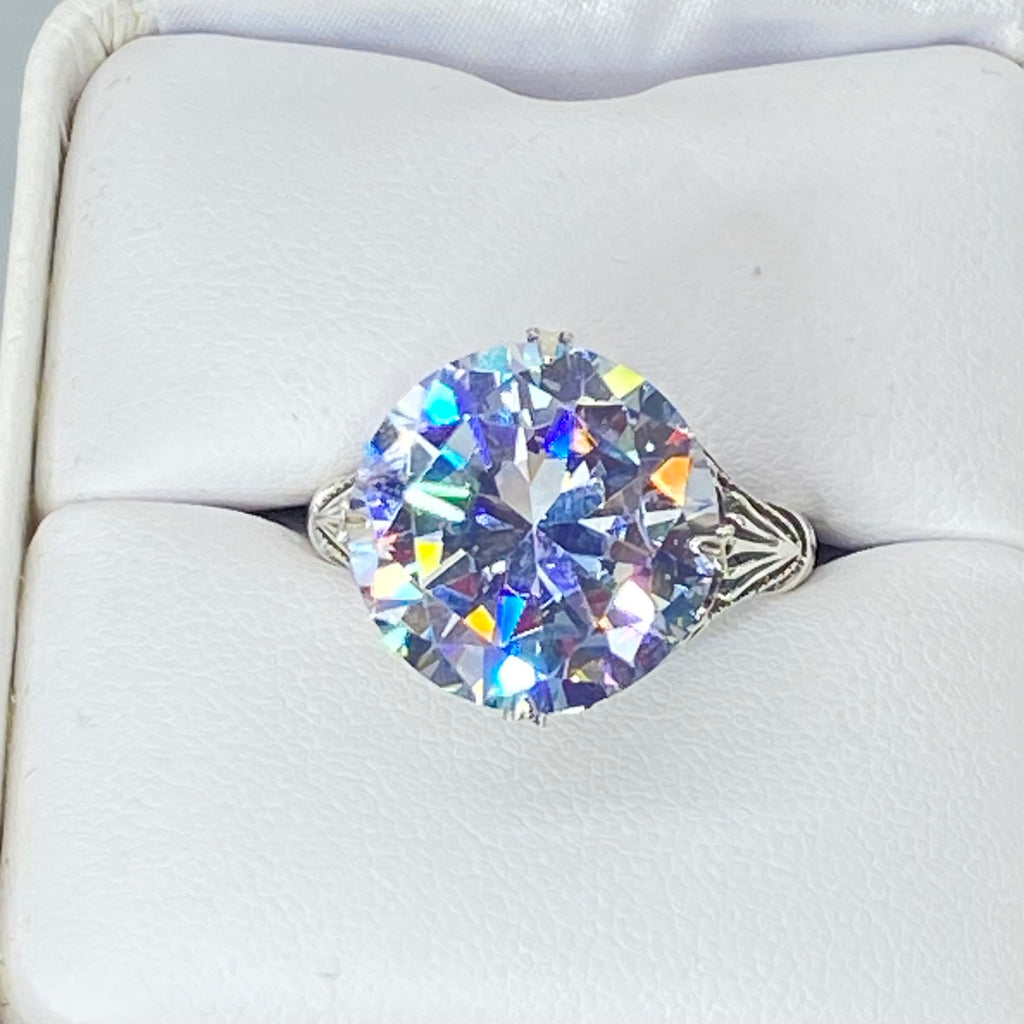 White CZ Ring with large round faceted gemstone in an ornate sterling silver filigree setting, Victorian style, Georgian influenced style, D52, Silver Embrace Jewelry, Queen Ring