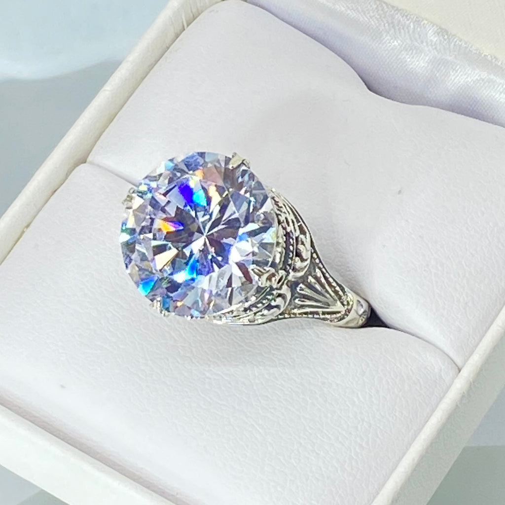 White CZ Ring with large round faceted gemstone in an ornate sterling silver filigree setting, Victorian style, Georgian influenced style, D52, Silver Embrace Jewelry, Queen Ring