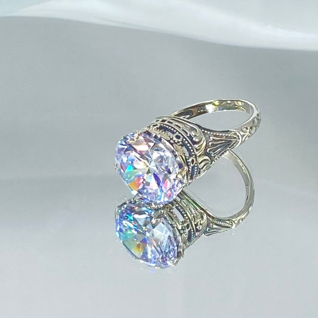 White CZ Ring with large round faceted gemstone in an ornate sterling silver filigree setting, Victorian style, Georgian influenced style, D52, Silver Embrace Jewelry, Queen Ring