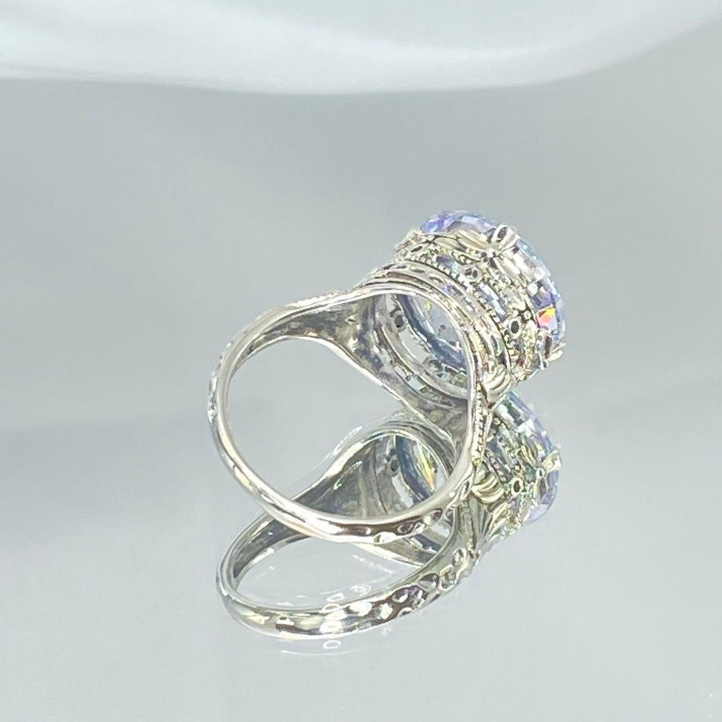 White CZ Ring with large round faceted gemstone in an ornate sterling silver filigree setting, Victorian style, Georgian influenced style, D52, Silver Embrace Jewelry, Queen Ring