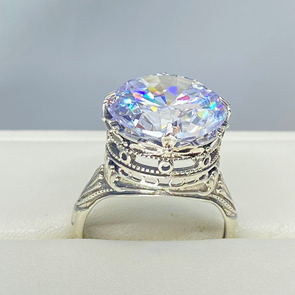 White CZ Ring with large round faceted gemstone in an ornate sterling silver filigree setting, Victorian style, Georgian influenced style, D52, Silver Embrace Jewelry, Queen Ring