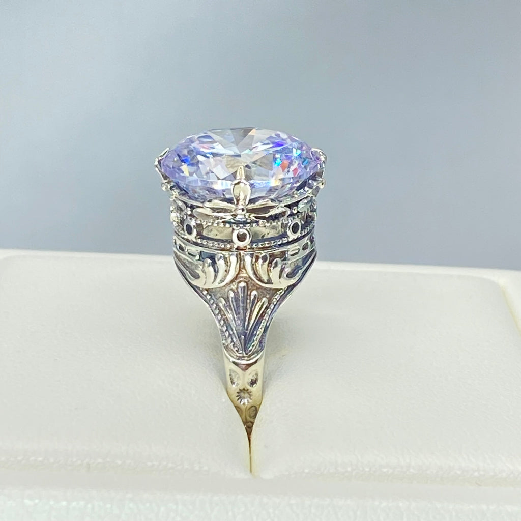 White CZ Ring with large round faceted gemstone in an ornate sterling silver filigree setting, Victorian style, Georgian influenced style, D52, Silver Embrace Jewelry, Queen Ring