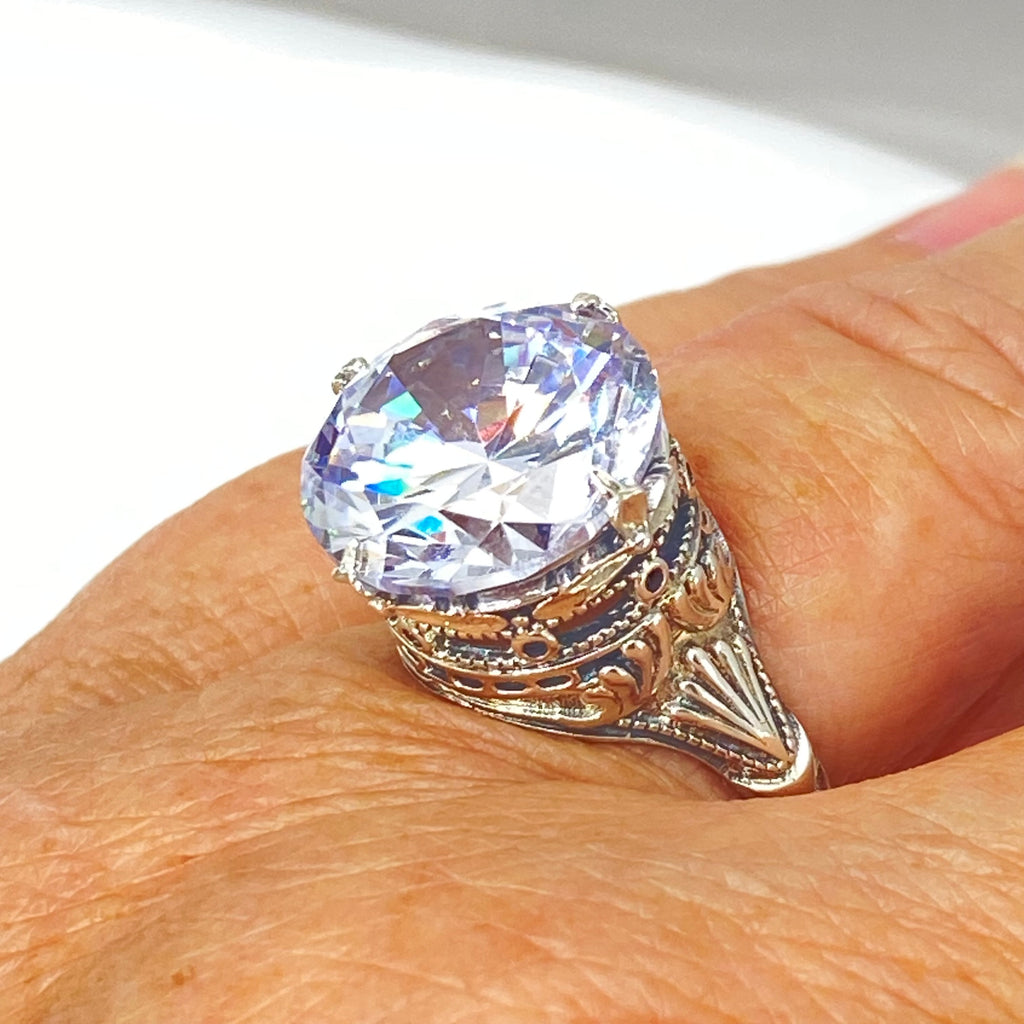 White CZ Ring with large round faceted gemstone in an ornate sterling silver filigree setting, Victorian style, Georgian influenced style, D52, Silver Embrace Jewelry, Queen Ring