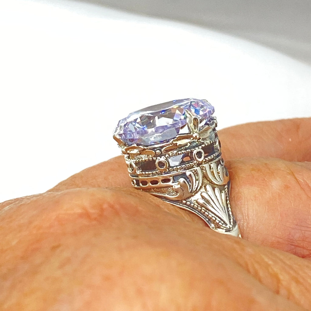 White CZ Ring with large round faceted gemstone in an ornate sterling silver filigree setting, Victorian style, Georgian influenced style, D52, Silver Embrace Jewelry, Queen Ring