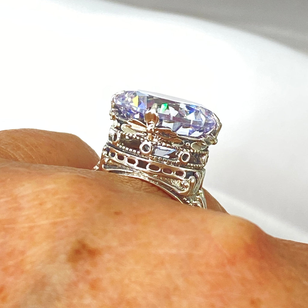 White CZ Ring with large round faceted gemstone in an ornate sterling silver filigree setting, Victorian style, Georgian influenced style, D52, Silver Embrace Jewelry, Queen Ring