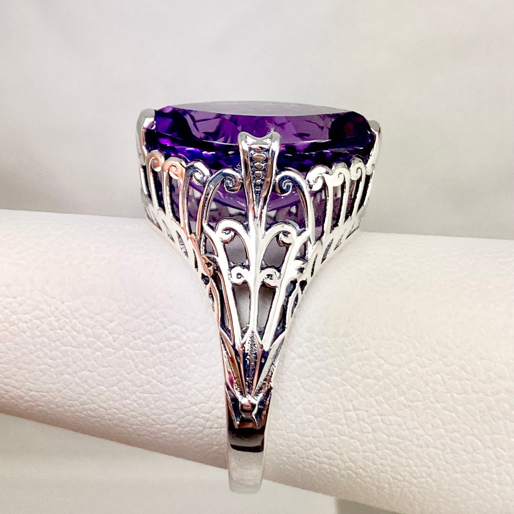 Natural Amethyst Ring, Purple Gem, Large Marquise Gem, Art Deco Sterling silver Filigree, D53, Silver Embrace Jewelry