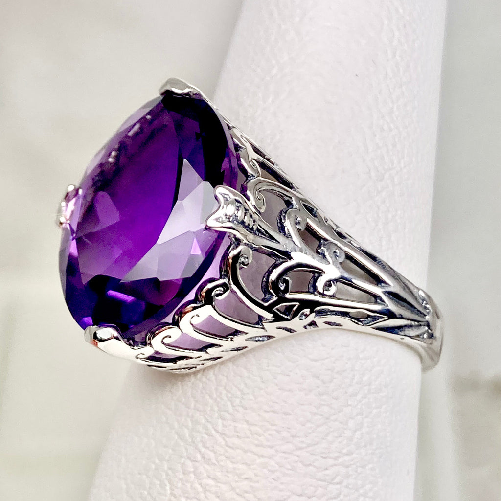 Natural Amethyst Ring, Purple Gem, Large Marquise Gem, Art Deco Sterling silver Filigree, D53, Silver Embrace Jewelry