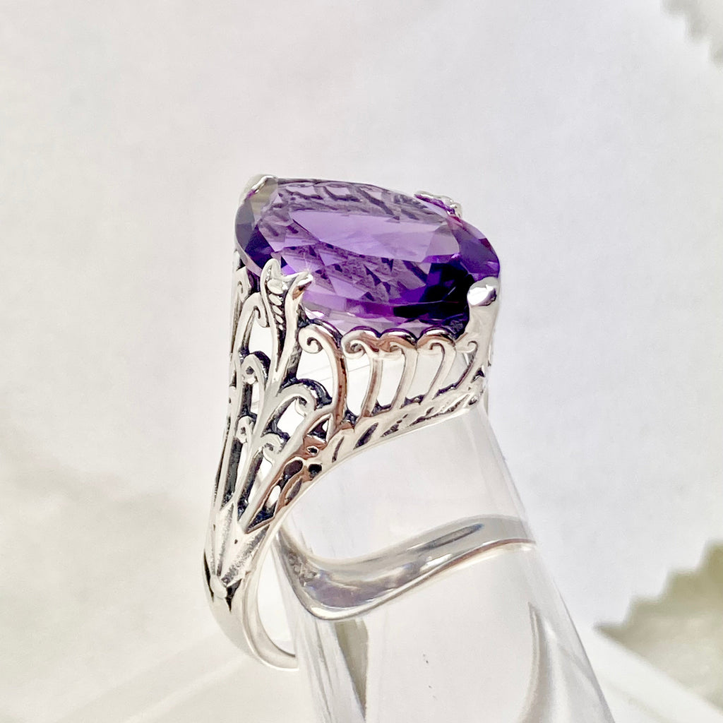 Natural Amethyst Ring, Purple Gem, Large Marquise Gem, Art Deco Sterling silver Filigree, D53, Silver Embrace Jewelry