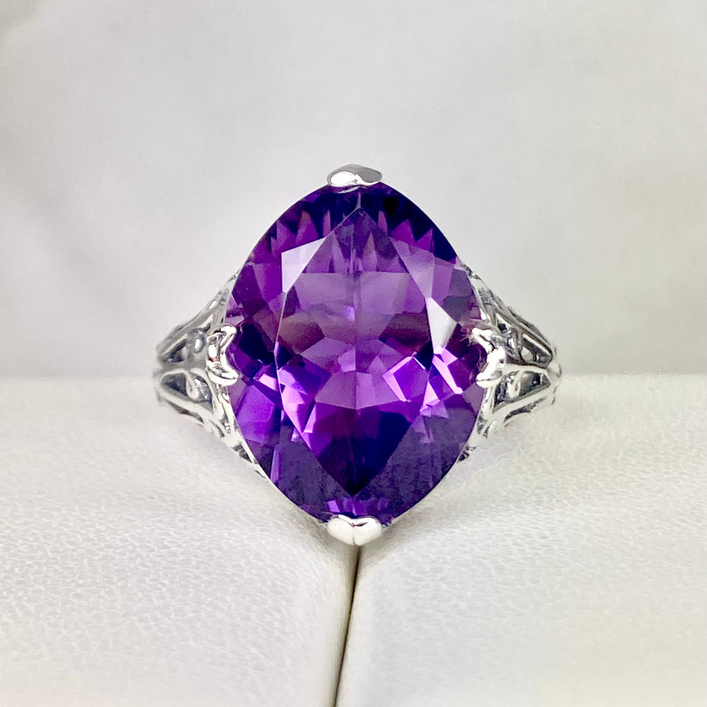 Natural Amethyst Ring, Purple Gem, Large Marquise Gem, Art Deco Sterling silver Filigree, D53, Silver Embrace Jewelry