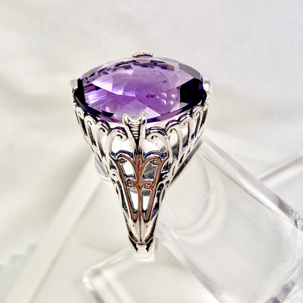 Natural Amethyst Ring, Purple Gem, Large Marquise Gem, Art Deco Sterling silver Filigree, D53, Silver Embrace Jewelry