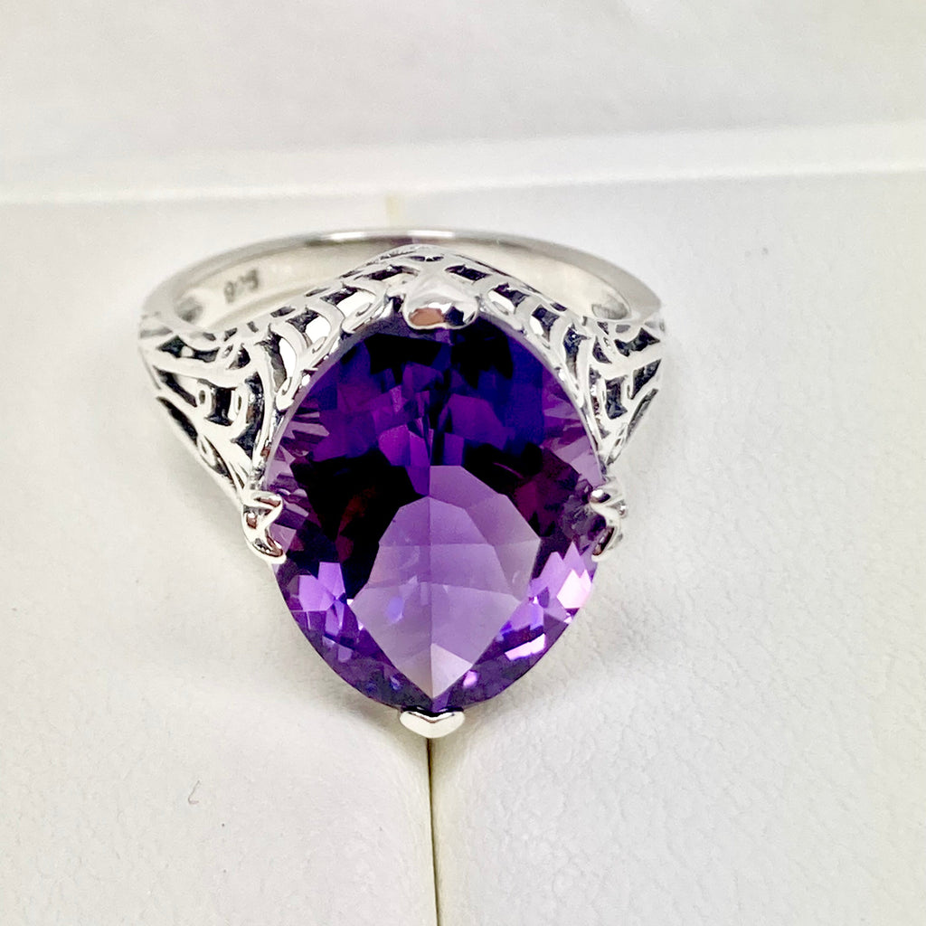 Natural Amethyst Ring, Purple Gem, Large Marquise Gem, Art Deco Sterling silver Filigree, D53, Silver Embrace Jewelry