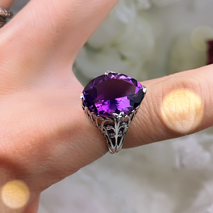 Natural Amethyst Ring, Purple Gem, Large Marquise Gem, Art Deco Sterling silver Filigree, D53, Silver Embrace Jewelry