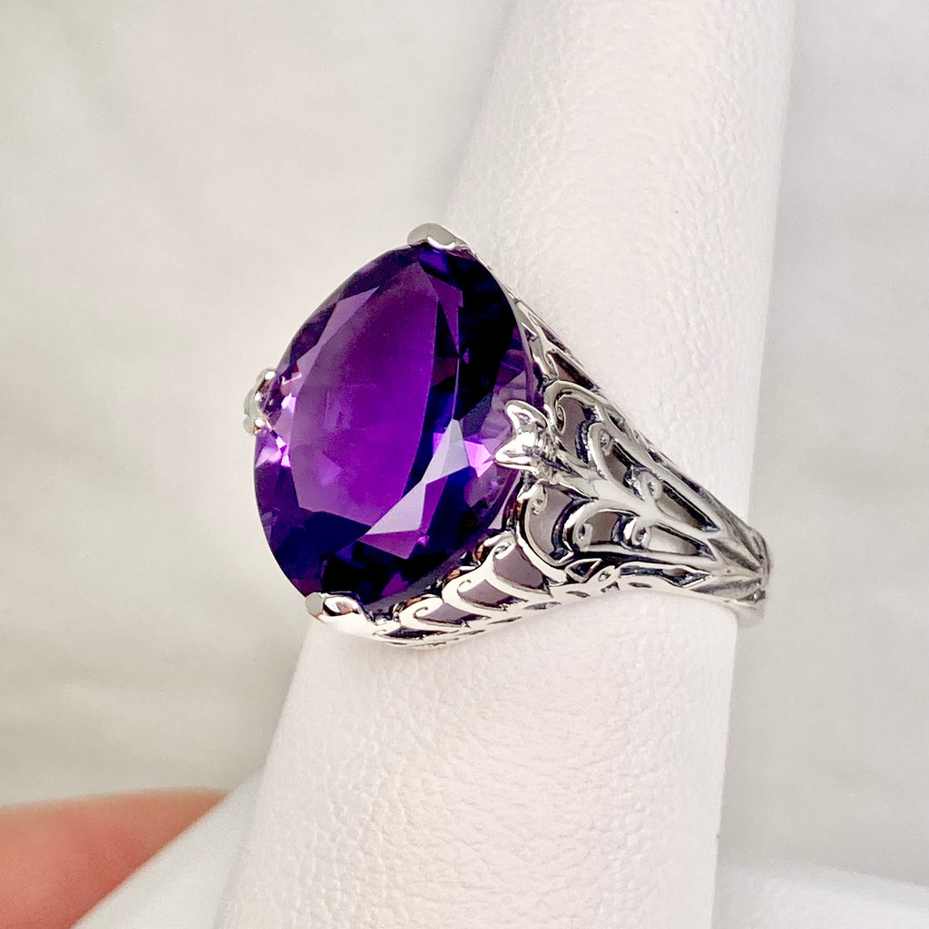 Natural Amethyst Ring, Purple Gem, Large Marquise Gem, Art Deco Sterling silver Filigree, D53, Silver Embrace Jewelry