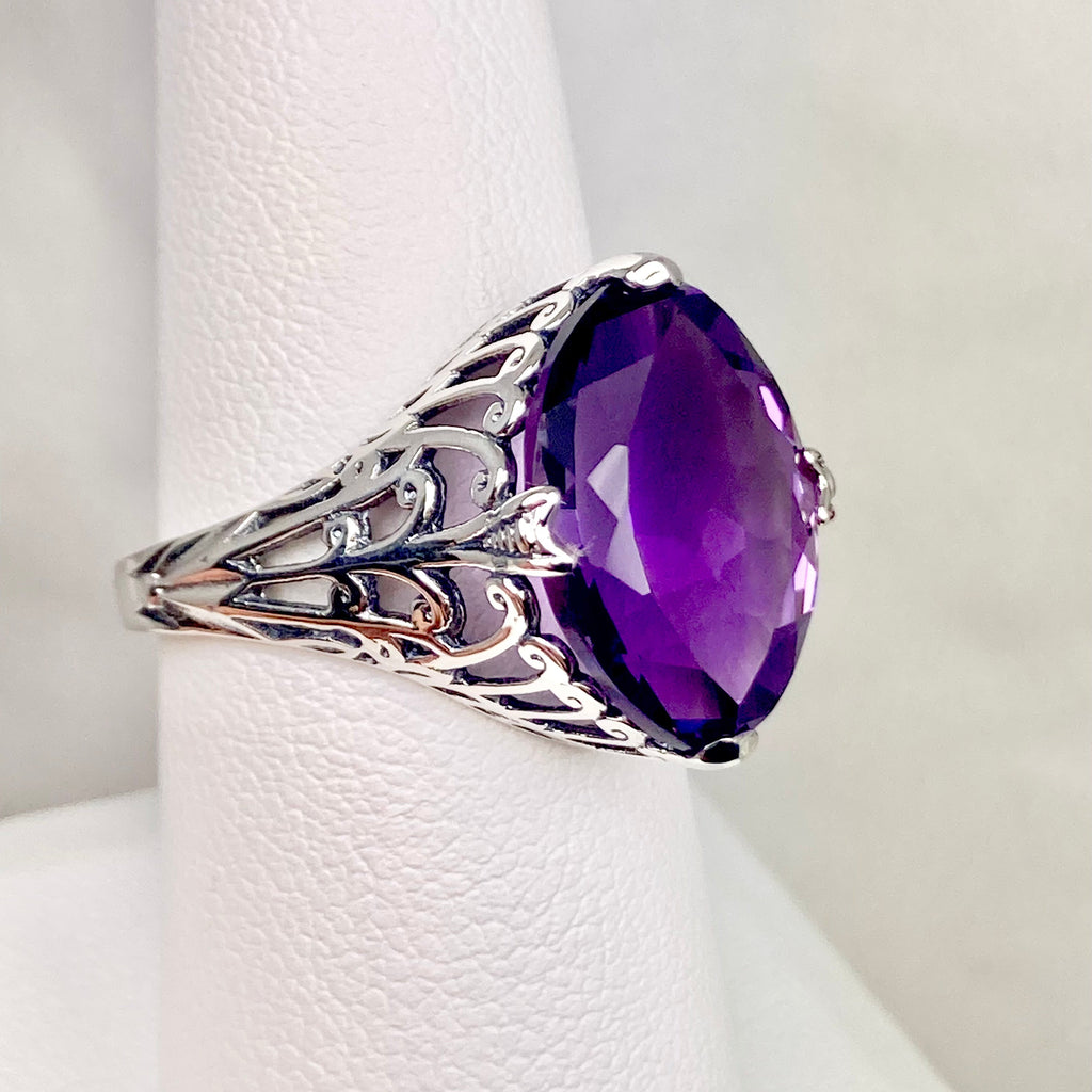 Natural Amethyst Ring, Purple Gem, Large Marquise Gem, Art Deco Sterling silver Filigree, D53, Silver Embrace Jewelry