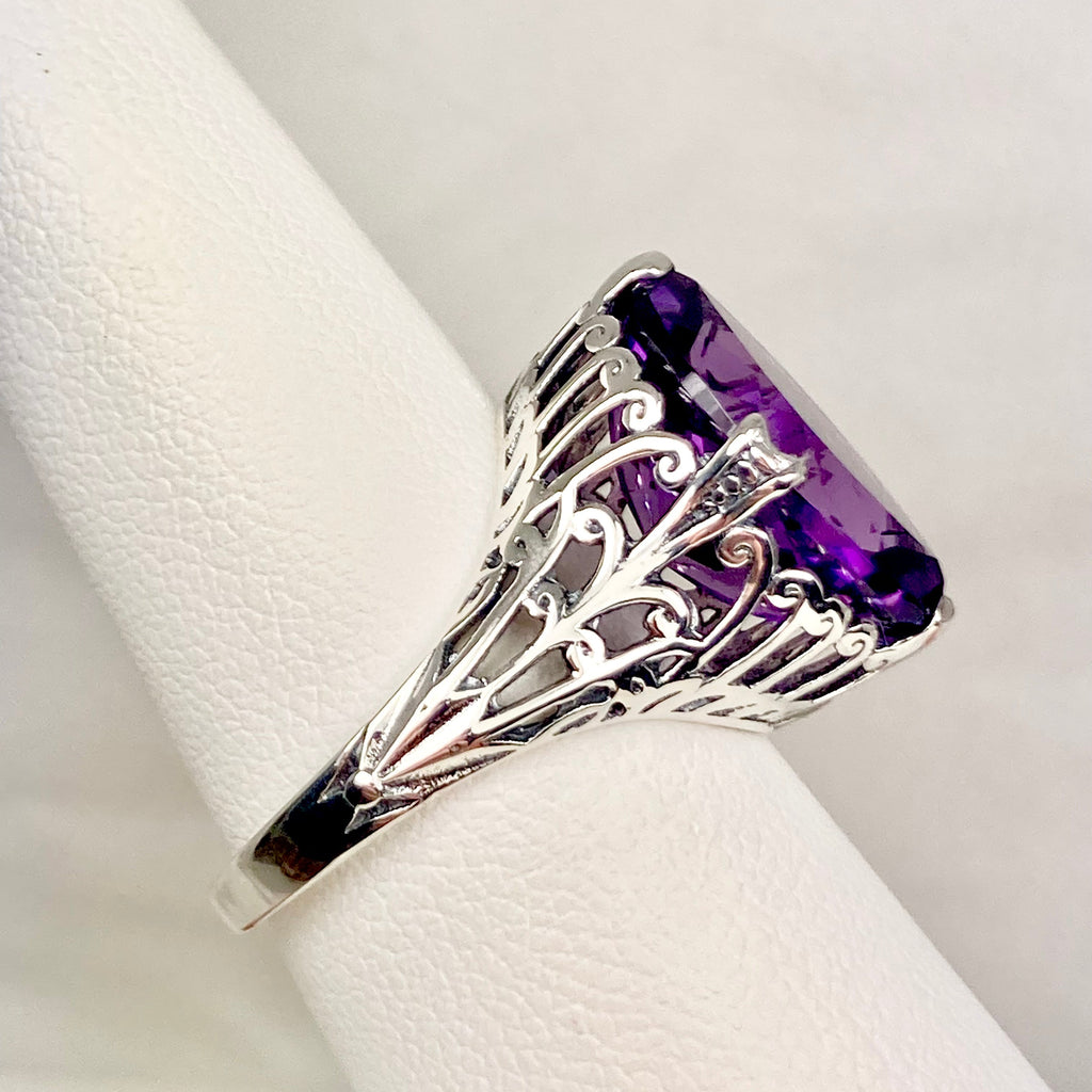 Natural Amethyst Ring, Purple Gem, Large Marquise Gem, Art Deco Sterling silver Filigree, D53, Silver Embrace Jewelry