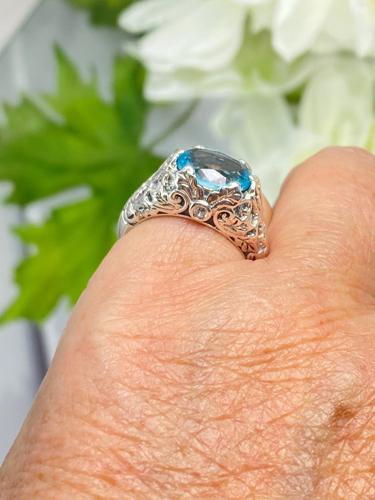 Aquamarine Ring, Oval Ivy sterling silver filigree, Art Nouveau style, D57, Silver Embrace Jewelry