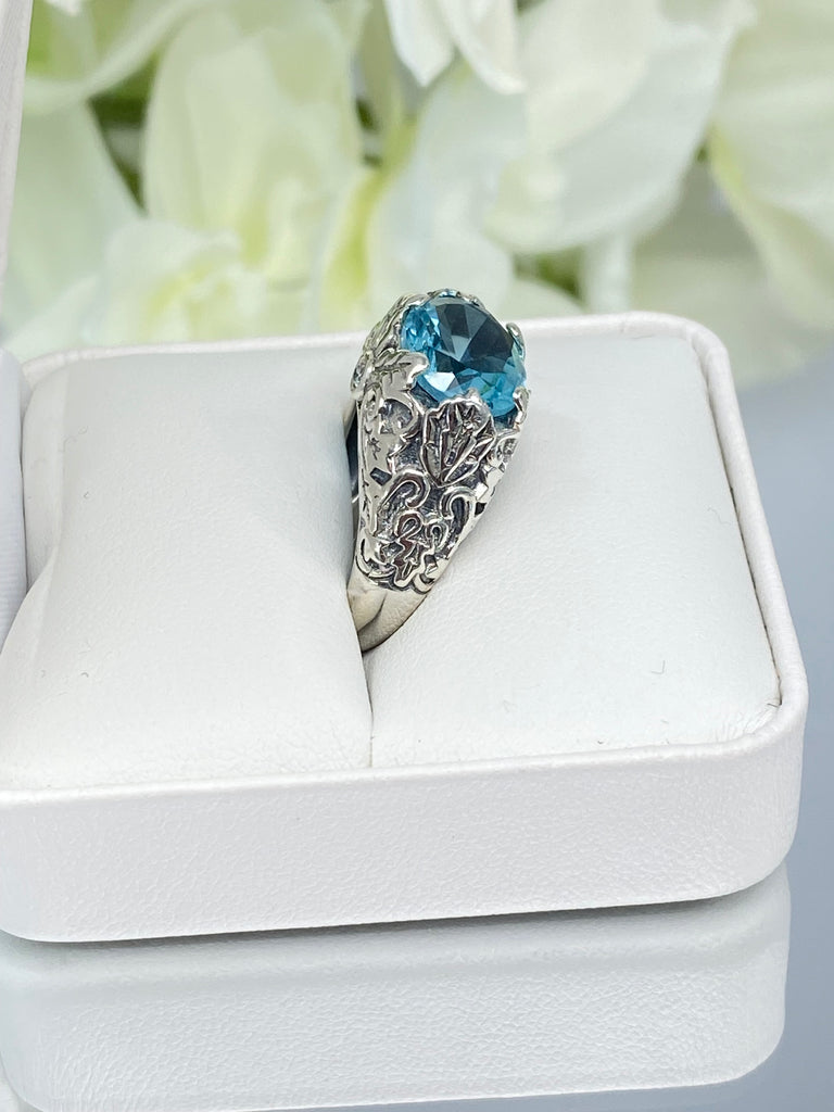 Aquamarine Ring, Oval Ivy sterling silver filigree, Art Nouveau style, D57, Silver Embrace Jewelry