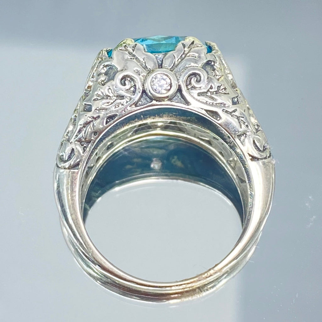 Aquamarine Ring, Oval Ivy sterling silver filigree, Art Nouveau style, D57, Silver Embrace Jewelry