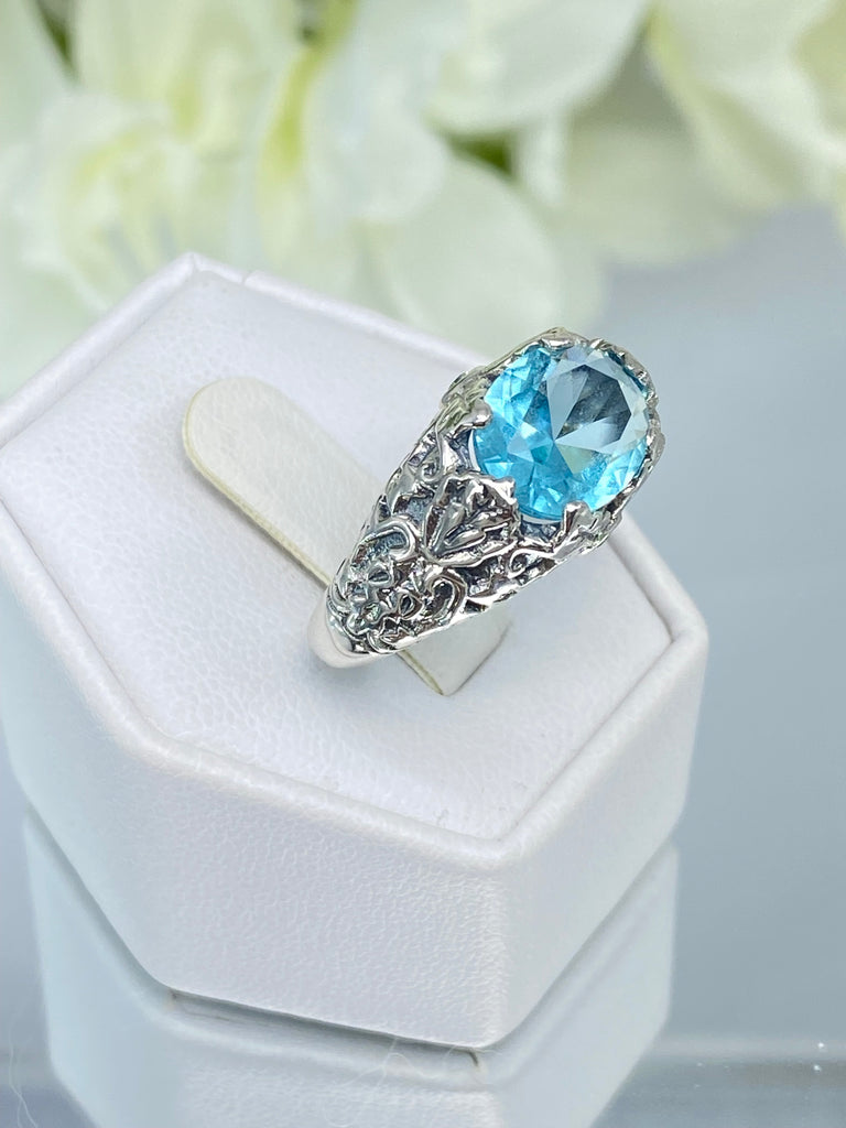 Aquamarine Ring, Oval Ivy sterling silver filigree, Art Nouveau style, D57, Silver Embrace Jewelry